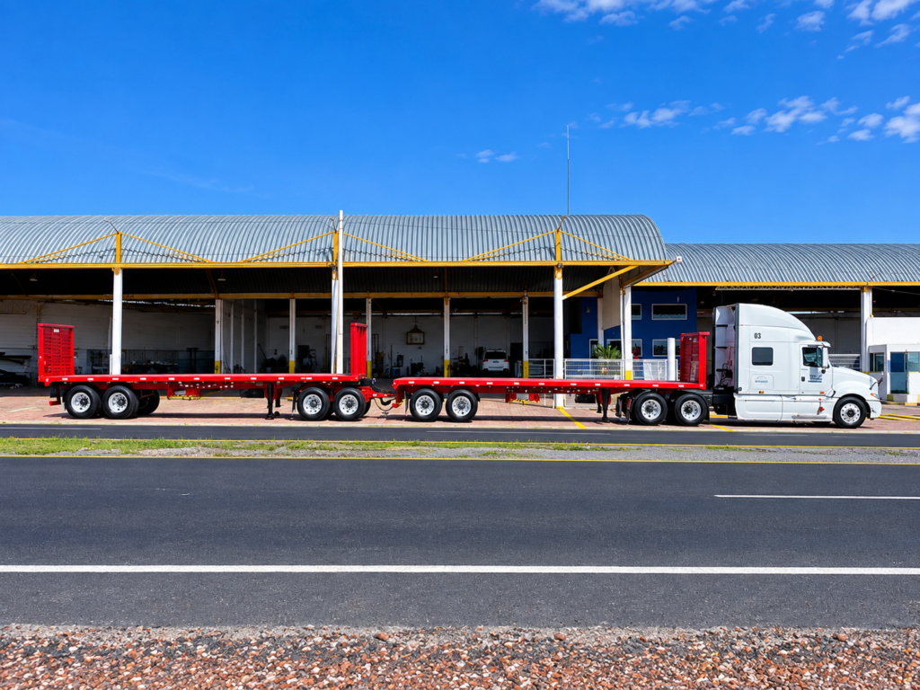 camión doble plataforma frente a almacén industrial