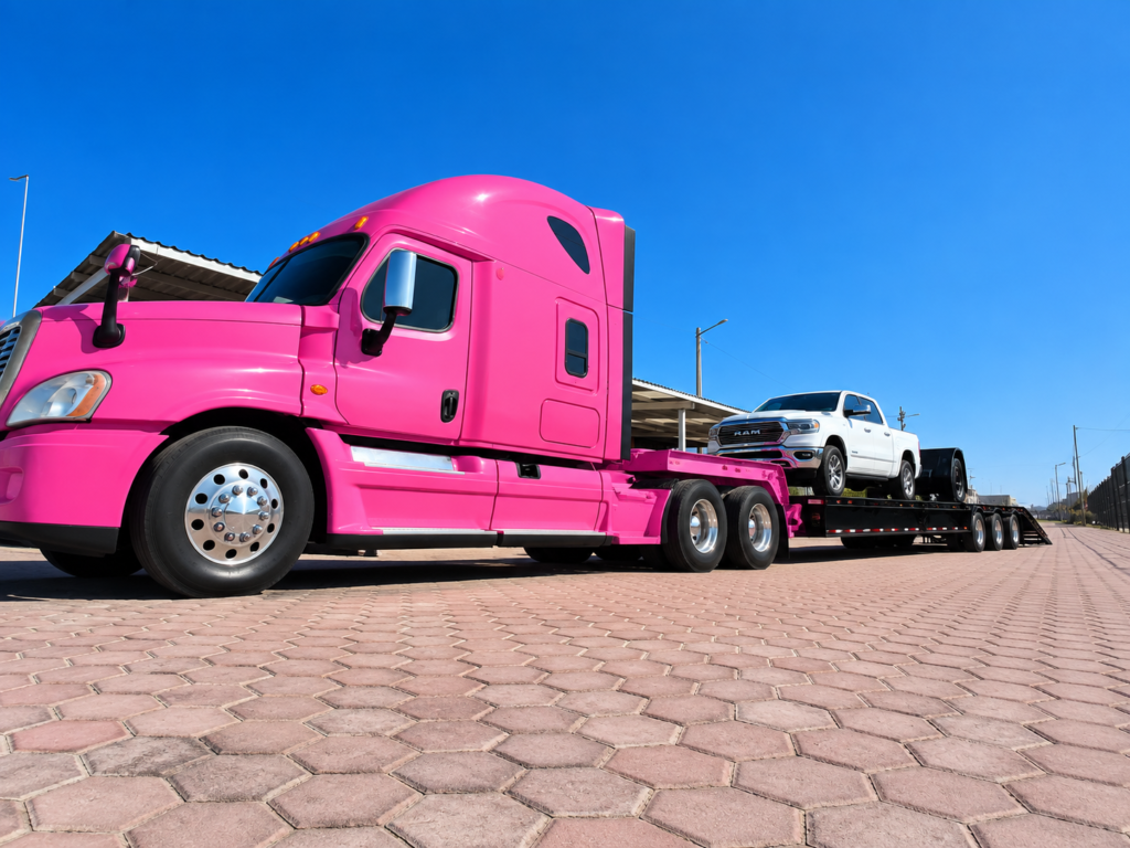 camión rosa con ram sobre plataforma】【。】【”】【