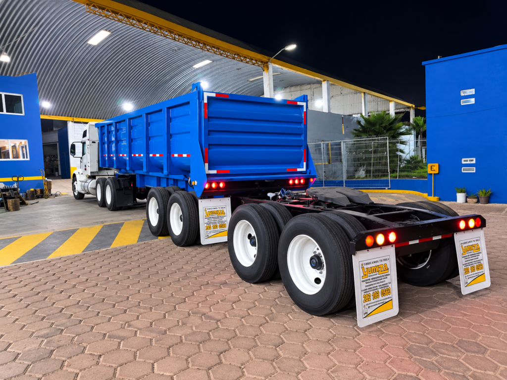 patio industrial nocturno con tráiler azul