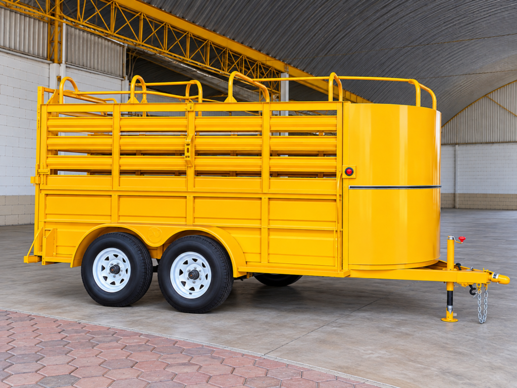 remolque ganadero amarillo en almacén