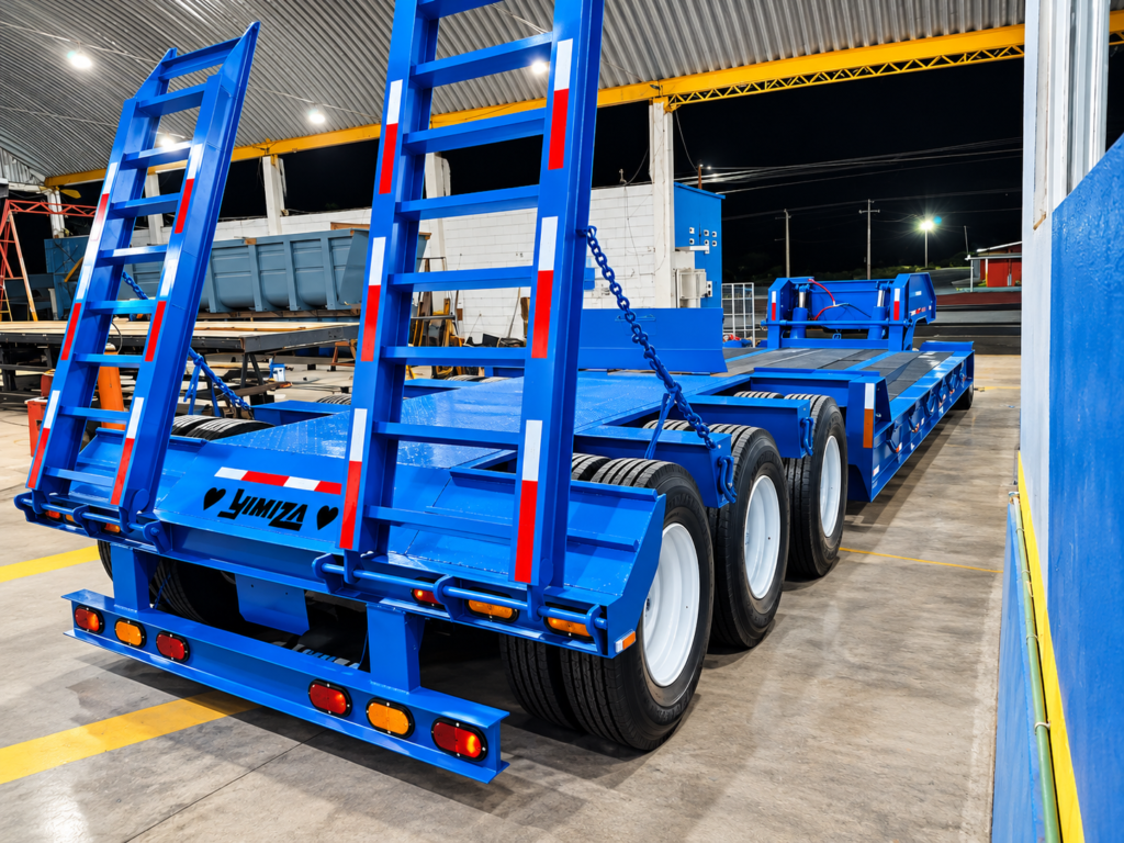 tráiler azul industrial bajo techo nocturno